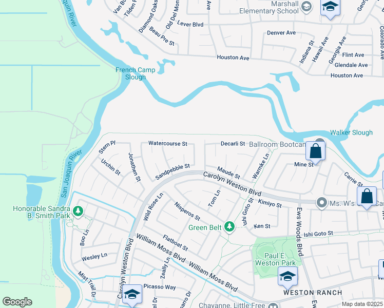 map of restaurants, bars, coffee shops, grocery stores, and more near 3261 Ripplerock Lane in Stockton