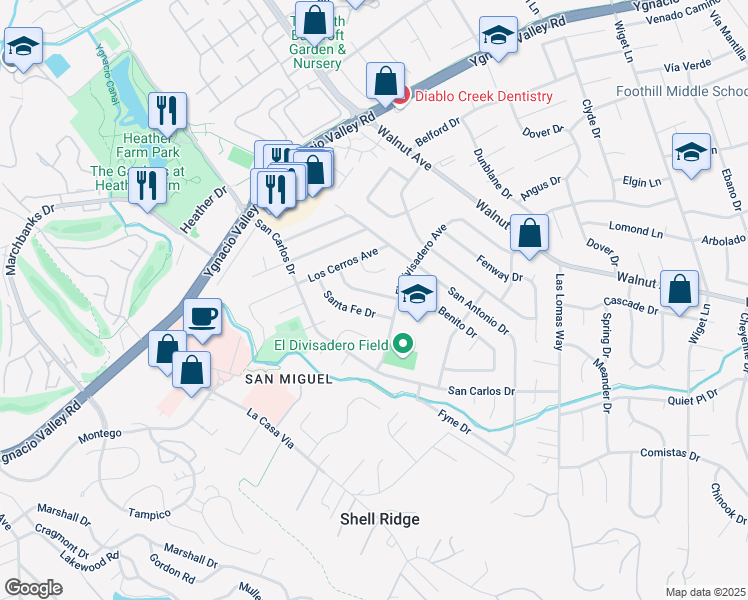 map of restaurants, bars, coffee shops, grocery stores, and more near 2665 San Benito Drive in Walnut Creek