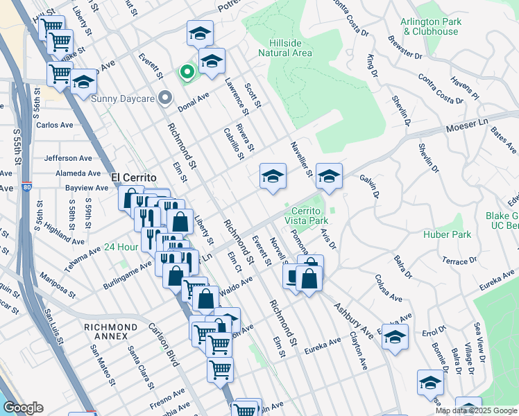 map of restaurants, bars, coffee shops, grocery stores, and more near 7007 Moeser Lane in El Cerrito