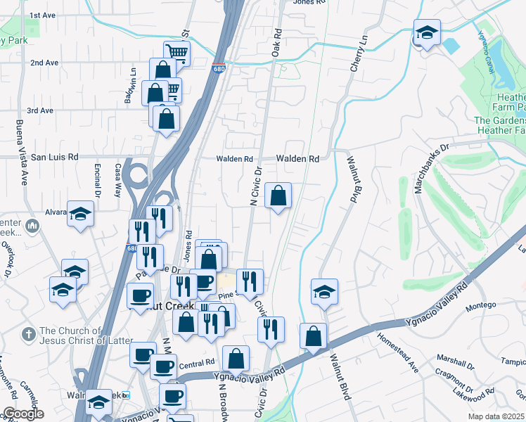 map of restaurants, bars, coffee shops, grocery stores, and more near 470 North Civic Drive in Walnut Creek