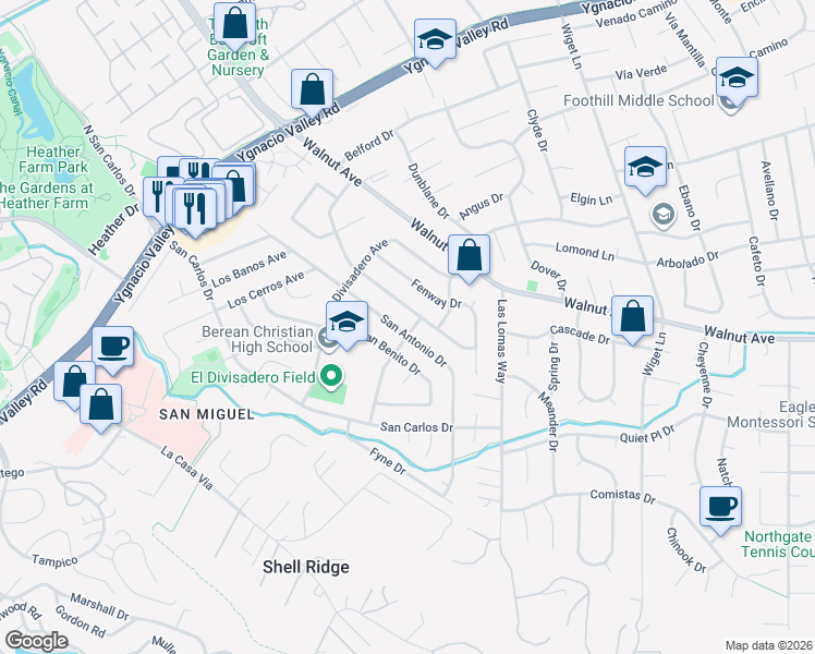 map of restaurants, bars, coffee shops, grocery stores, and more near 302 Los Felicas Avenue in Walnut Creek