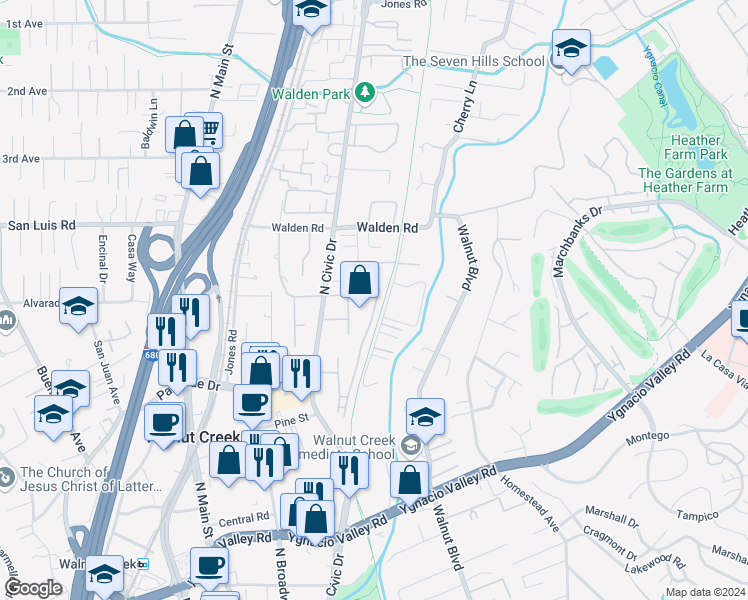 map of restaurants, bars, coffee shops, grocery stores, and more near 420 North Civic Drive in Walnut Creek