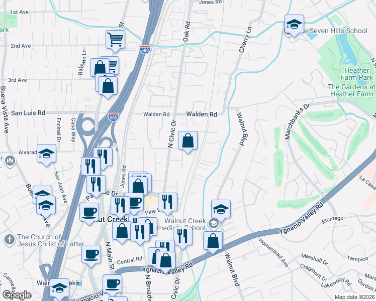 map of restaurants, bars, coffee shops, grocery stores, and more near 420 North Civic Drive in Walnut Creek