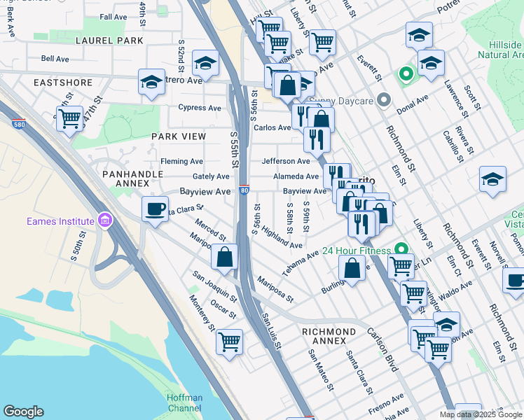 map of restaurants, bars, coffee shops, grocery stores, and more near 5625 Highland Avenue in Richmond