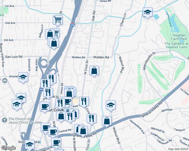 map of restaurants, bars, coffee shops, grocery stores, and more near 460 North Civic Drive in Walnut Creek