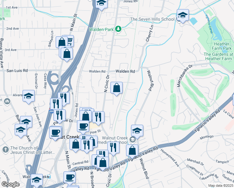 map of restaurants, bars, coffee shops, grocery stores, and more near 460 North Civic Drive in Walnut Creek