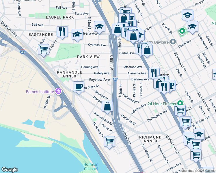 map of restaurants, bars, coffee shops, grocery stores, and more near 5400 Highland Avenue in Richmond