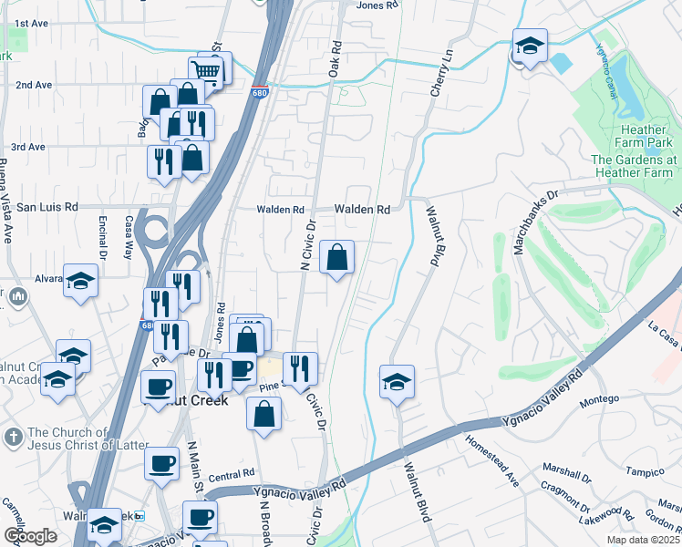 map of restaurants, bars, coffee shops, grocery stores, and more near 460 North Civic Drive in Walnut Creek