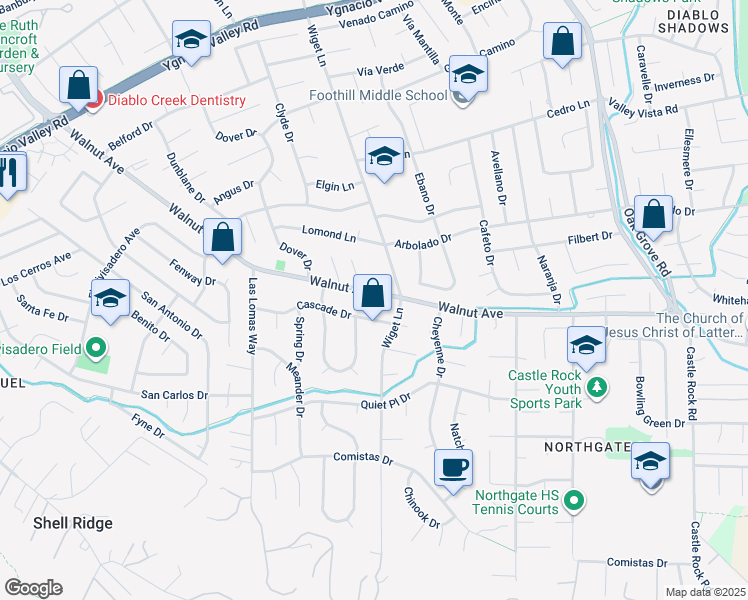 map of restaurants, bars, coffee shops, grocery stores, and more near 865 Walnut Avenue in Walnut Creek