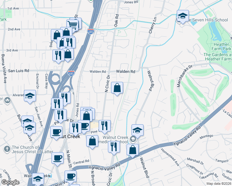 map of restaurants, bars, coffee shops, grocery stores, and more near 438 Westcliffe Place in Walnut Creek