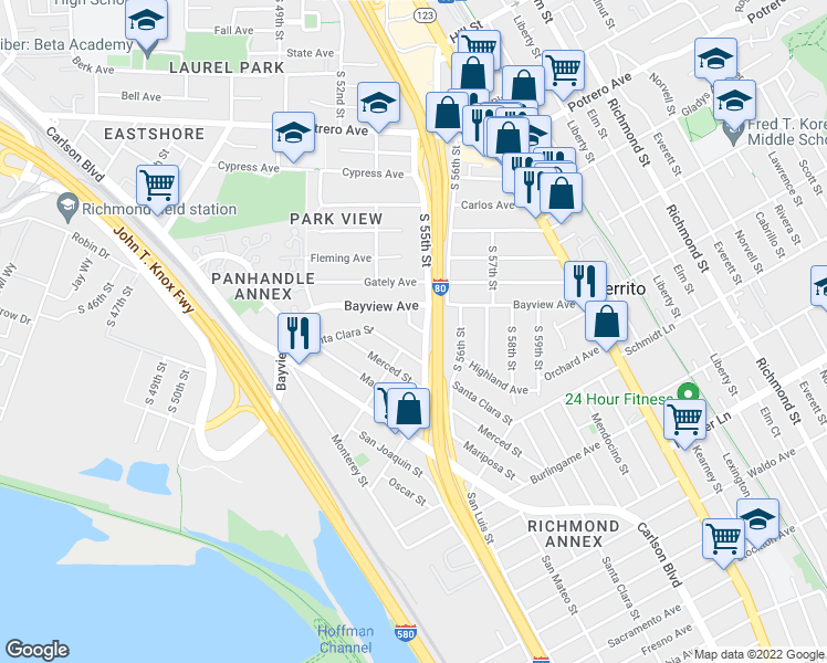 map of restaurants, bars, coffee shops, grocery stores, and more near 5328 Bayview Avenue in Richmond