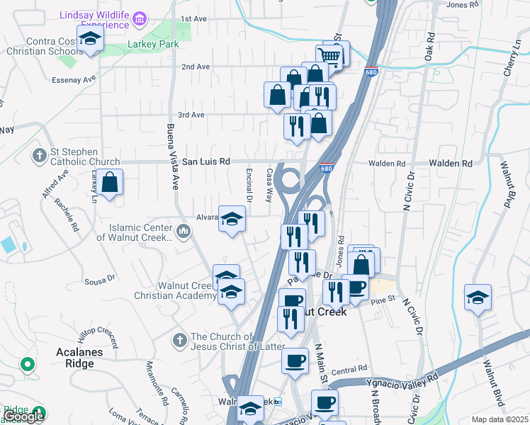 map of restaurants, bars, coffee shops, grocery stores, and more near 2401 Casa Way in Walnut Creek