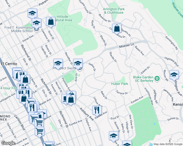 map of restaurants, bars, coffee shops, grocery stores, and more near 7553 Stockton Avenue in El Cerrito