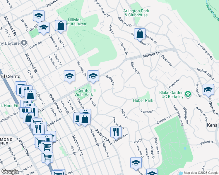 map of restaurants, bars, coffee shops, grocery stores, and more near 7553 Stockton Avenue in El Cerrito