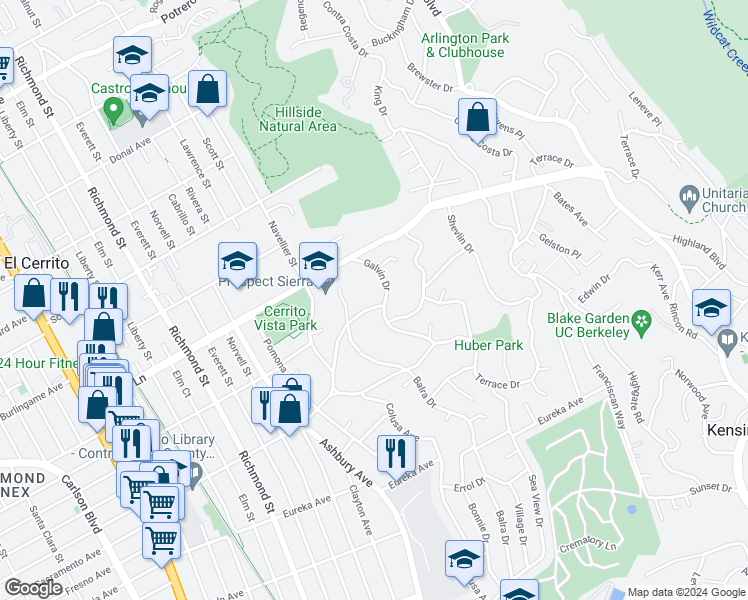map of restaurants, bars, coffee shops, grocery stores, and more near 7553 Stockton Avenue in El Cerrito