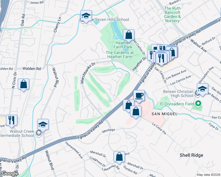 map of restaurants, bars, coffee shops, grocery stores, and more near 334 Kinross Drive in Walnut Creek