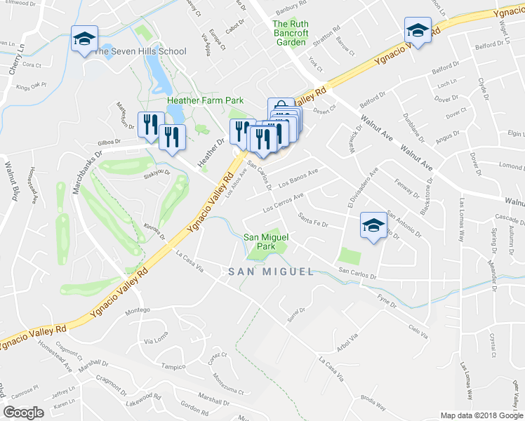 map of restaurants, bars, coffee shops, grocery stores, and more near 172 Los Cerros Avenue in Walnut Creek