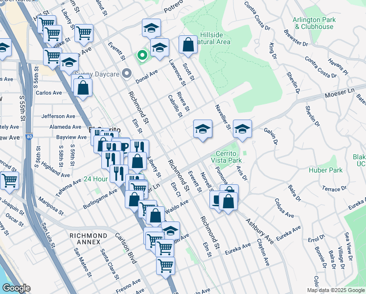 map of restaurants, bars, coffee shops, grocery stores, and more near 6927 Portola Drive in El Cerrito