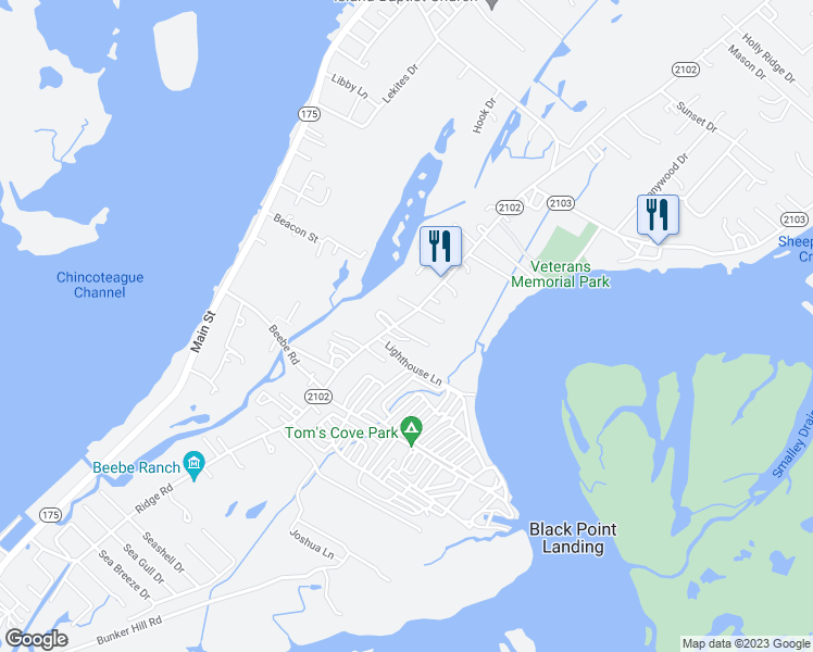 map of restaurants, bars, coffee shops, grocery stores, and more near 3407 Ridge Road in Chincoteague Island