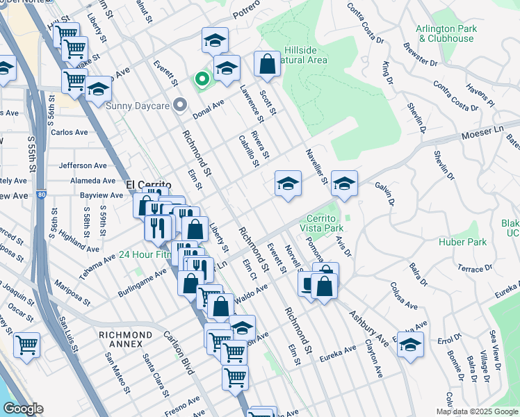 map of restaurants, bars, coffee shops, grocery stores, and more near 6927 Portola Drive in El Cerrito