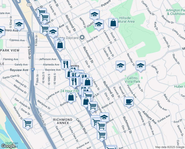 map of restaurants, bars, coffee shops, grocery stores, and more near 6702 Schmidt Lane in El Cerrito