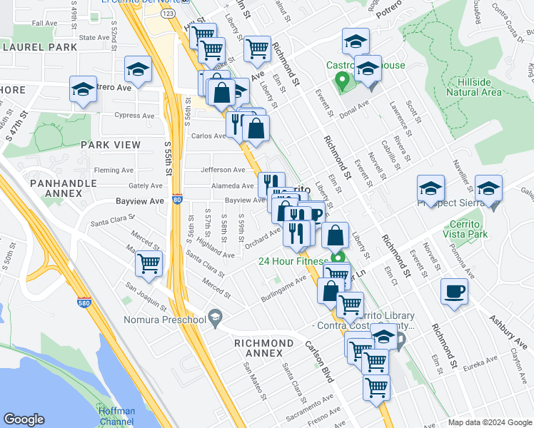 map of restaurants, bars, coffee shops, grocery stores, and more near in El Cerrito