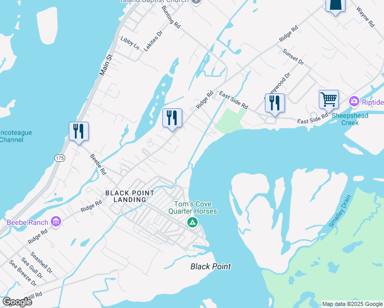 map of restaurants, bars, coffee shops, grocery stores, and more near 7454 Pony Swim Lane in Chincoteague