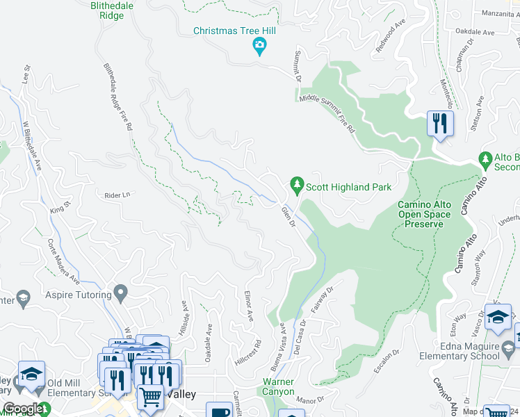 map of restaurants, bars, coffee shops, grocery stores, and more near 6 Tartan Road in Mill Valley