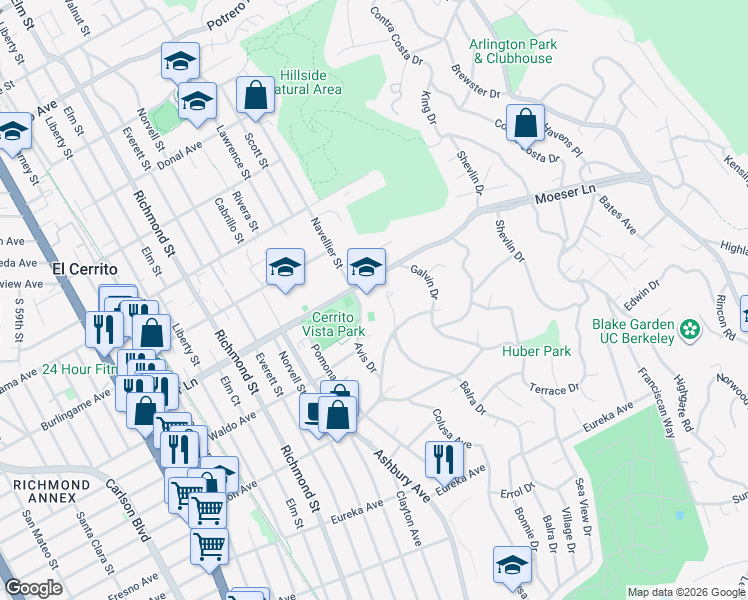 map of restaurants, bars, coffee shops, grocery stores, and more near 960 Avis Drive in El Cerrito