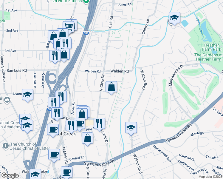 map of restaurants, bars, coffee shops, grocery stores, and more near 490 North Civic Drive in Walnut Creek