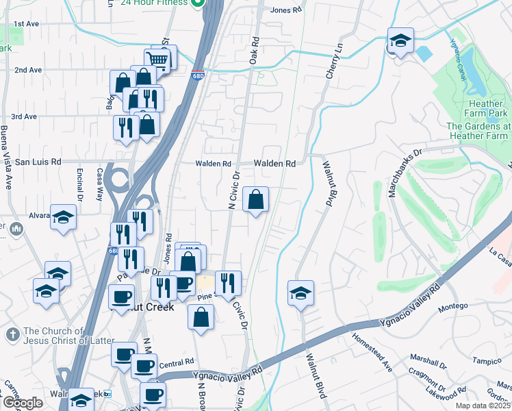 map of restaurants, bars, coffee shops, grocery stores, and more near 490 North Civic Drive in Walnut Creek