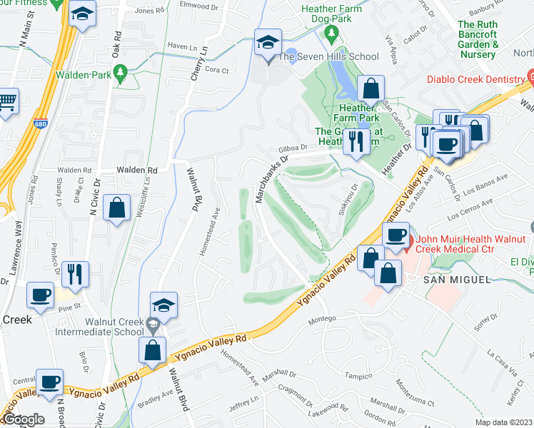 map of restaurants, bars, coffee shops, grocery stores, and more near in Walnut Creek
