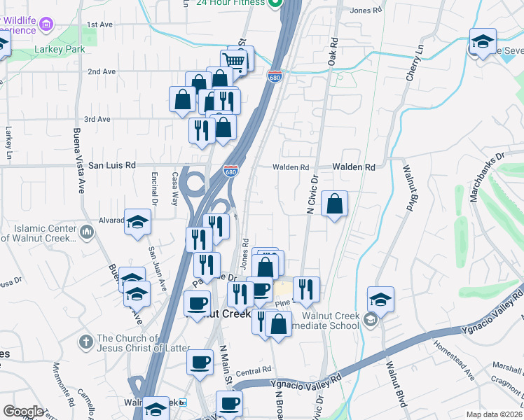 map of restaurants, bars, coffee shops, grocery stores, and more near 600 Chandon Court in Walnut Creek