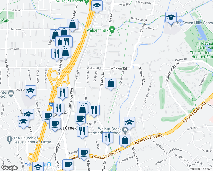 map of restaurants, bars, coffee shops, grocery stores, and more near 430 Westcliffe Place in Walnut Creek