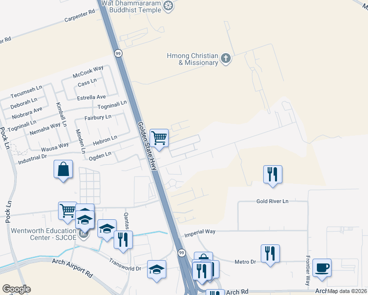map of restaurants, bars, coffee shops, grocery stores, and more near 3395 Marfargoa Road in Stockton