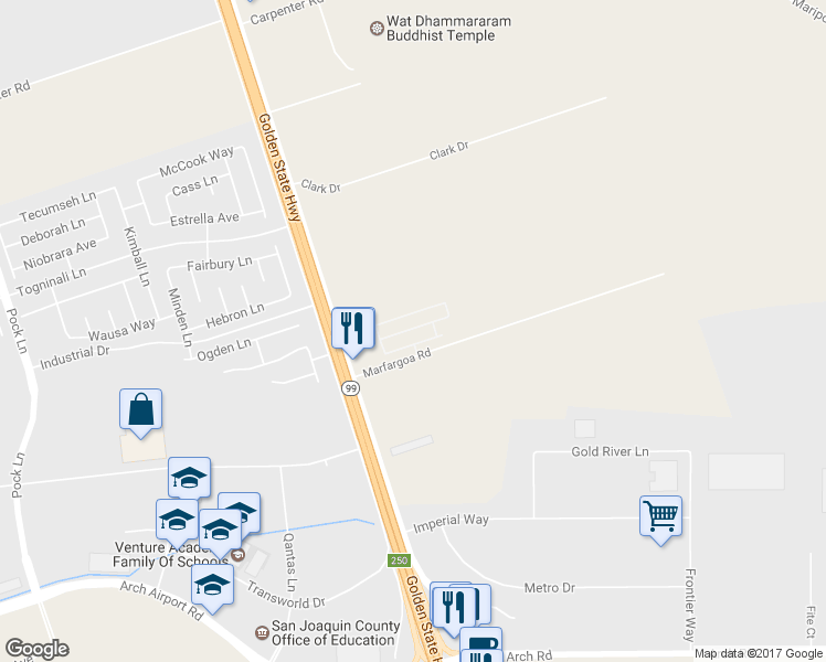 map of restaurants, bars, coffee shops, grocery stores, and more near 3395 Marfargoa Road in Stockton