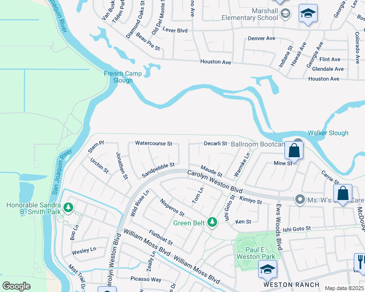 map of restaurants, bars, coffee shops, grocery stores, and more near 3218 Ripplerock Lane in Stockton
