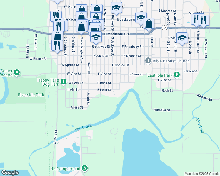 map of restaurants, bars, coffee shops, grocery stores, and more near 251-299 East Rock Street in Iola