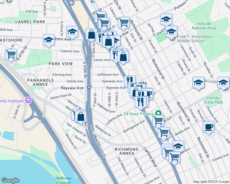 map of restaurants, bars, coffee shops, grocery stores, and more near 5800 Bayview Avenue in Richmond