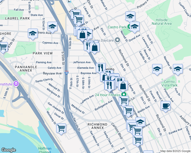 map of restaurants, bars, coffee shops, grocery stores, and more near 6023 Wenk Avenue in Richmond