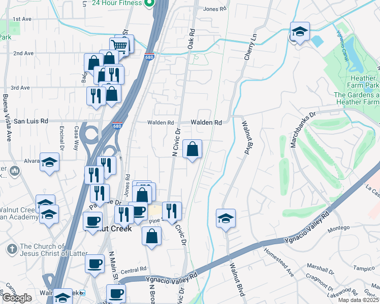 map of restaurants, bars, coffee shops, grocery stores, and more near 490 North Civic Drive in Walnut Creek
