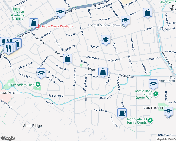map of restaurants, bars, coffee shops, grocery stores, and more near 586 Walnut Avenue in Walnut Creek