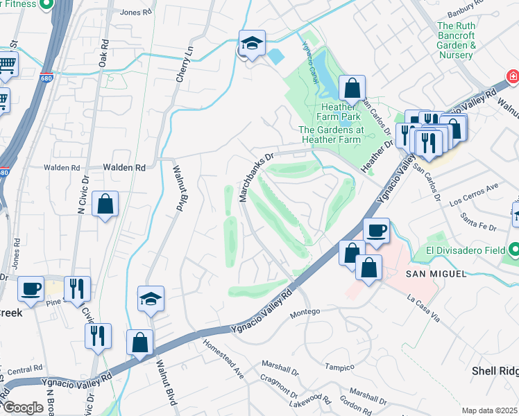 map of restaurants, bars, coffee shops, grocery stores, and more near in Walnut Creek