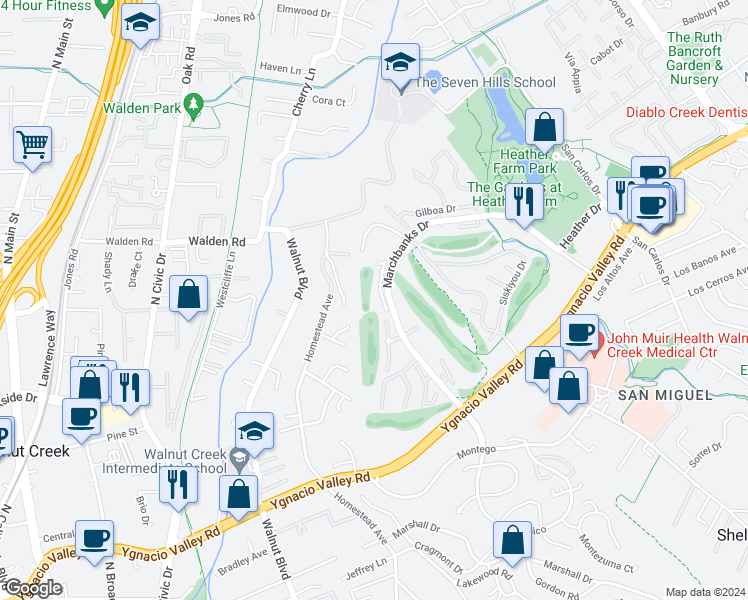 map of restaurants, bars, coffee shops, grocery stores, and more near 105 Hogan Court in Walnut Creek