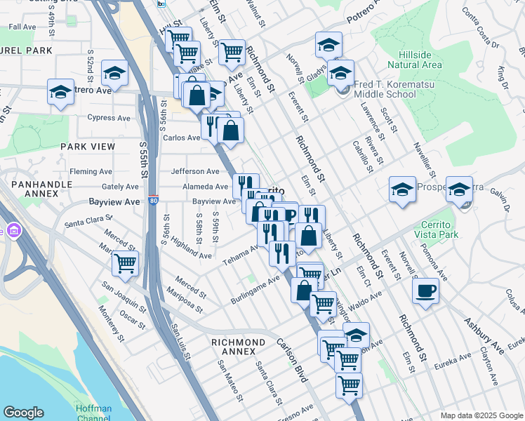 map of restaurants, bars, coffee shops, grocery stores, and more near 1290 Kearney Street in El Cerrito