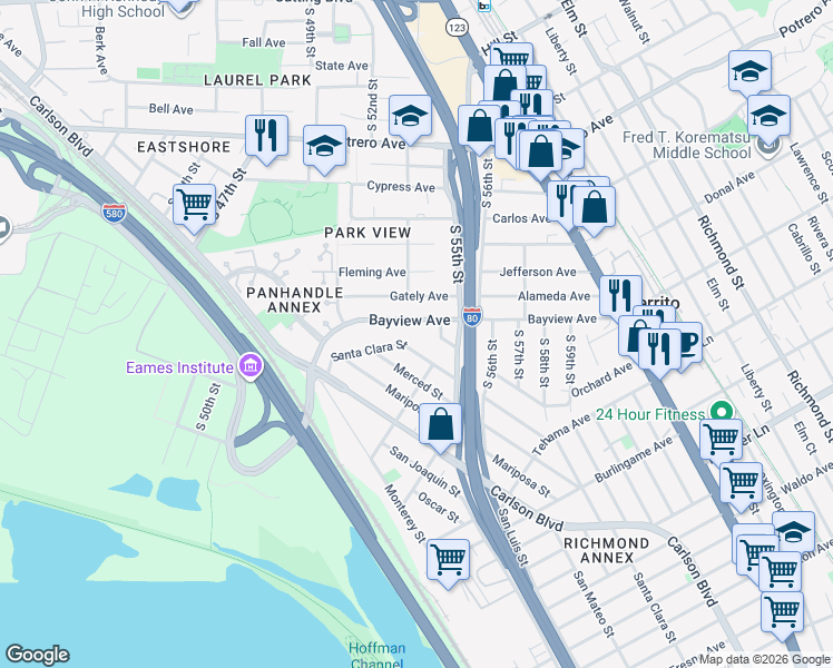 map of restaurants, bars, coffee shops, grocery stores, and more near 5328 Bayview Avenue in Richmond