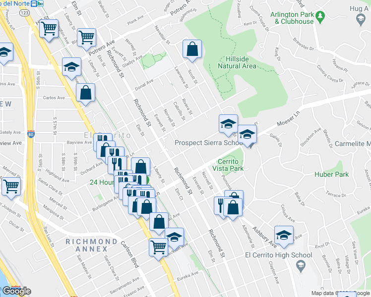 map of restaurants, bars, coffee shops, grocery stores, and more near 6927 Portola Drive in El Cerrito