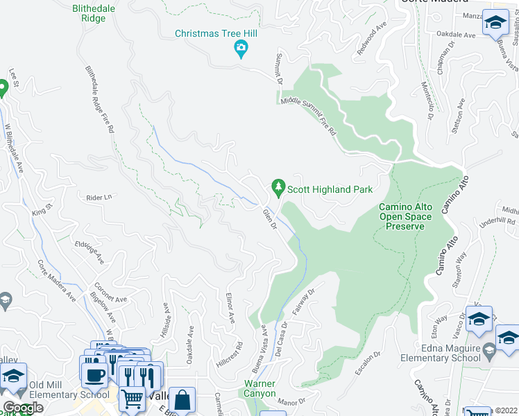 map of restaurants, bars, coffee shops, grocery stores, and more near 10 Glen Drive in Mill Valley