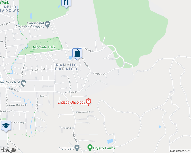 map of restaurants, bars, coffee shops, grocery stores, and more near 4190 Arbolado Drive in Walnut Creek