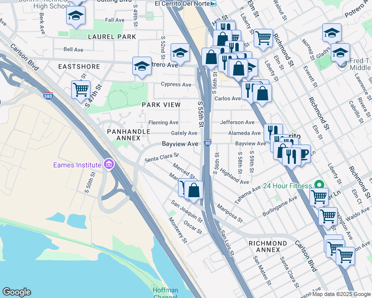 map of restaurants, bars, coffee shops, grocery stores, and more near 5314 Bayview Avenue in Richmond